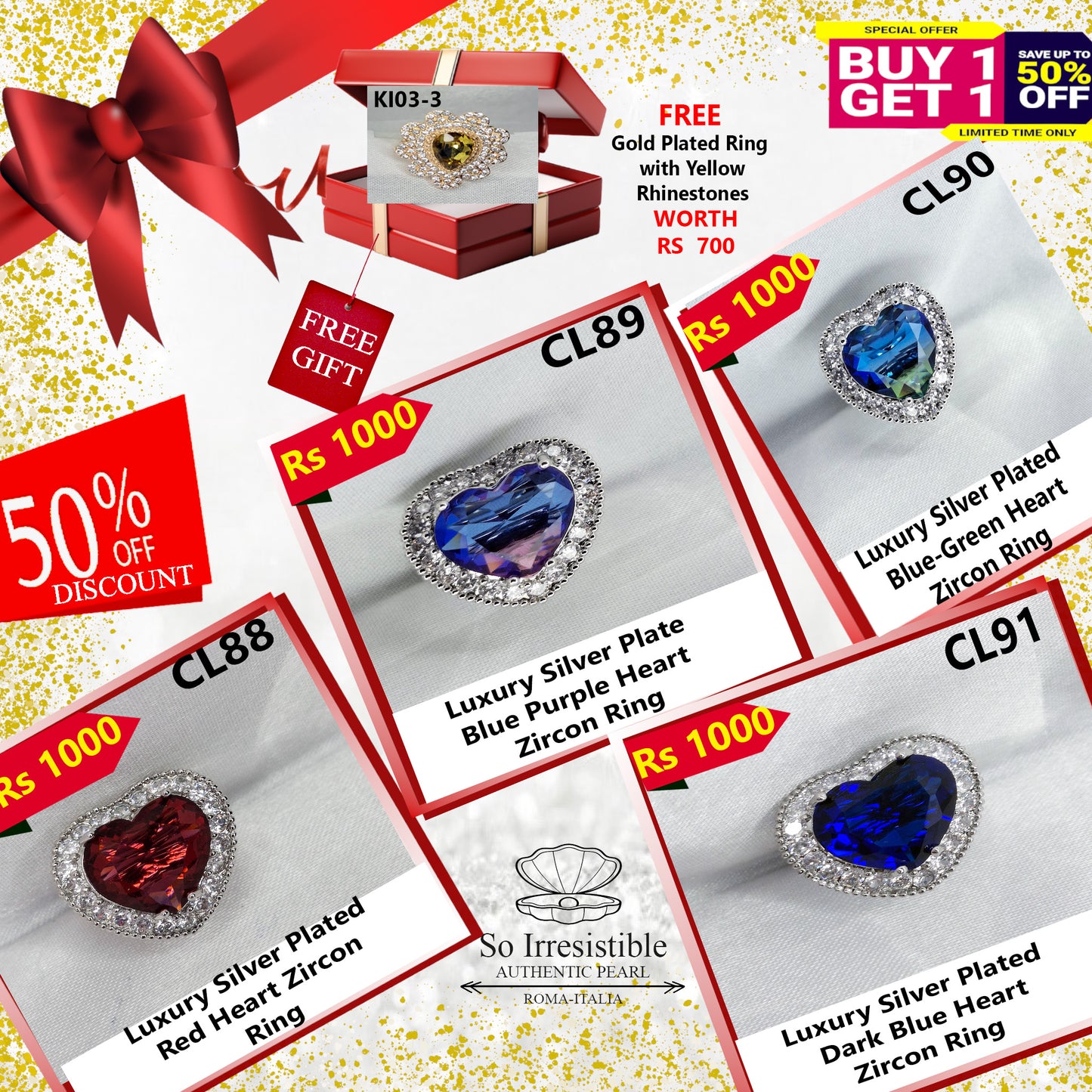Luxury Silver Plated Heart Zircon Ring Collection - Red, Blue & Multi-Color Designs