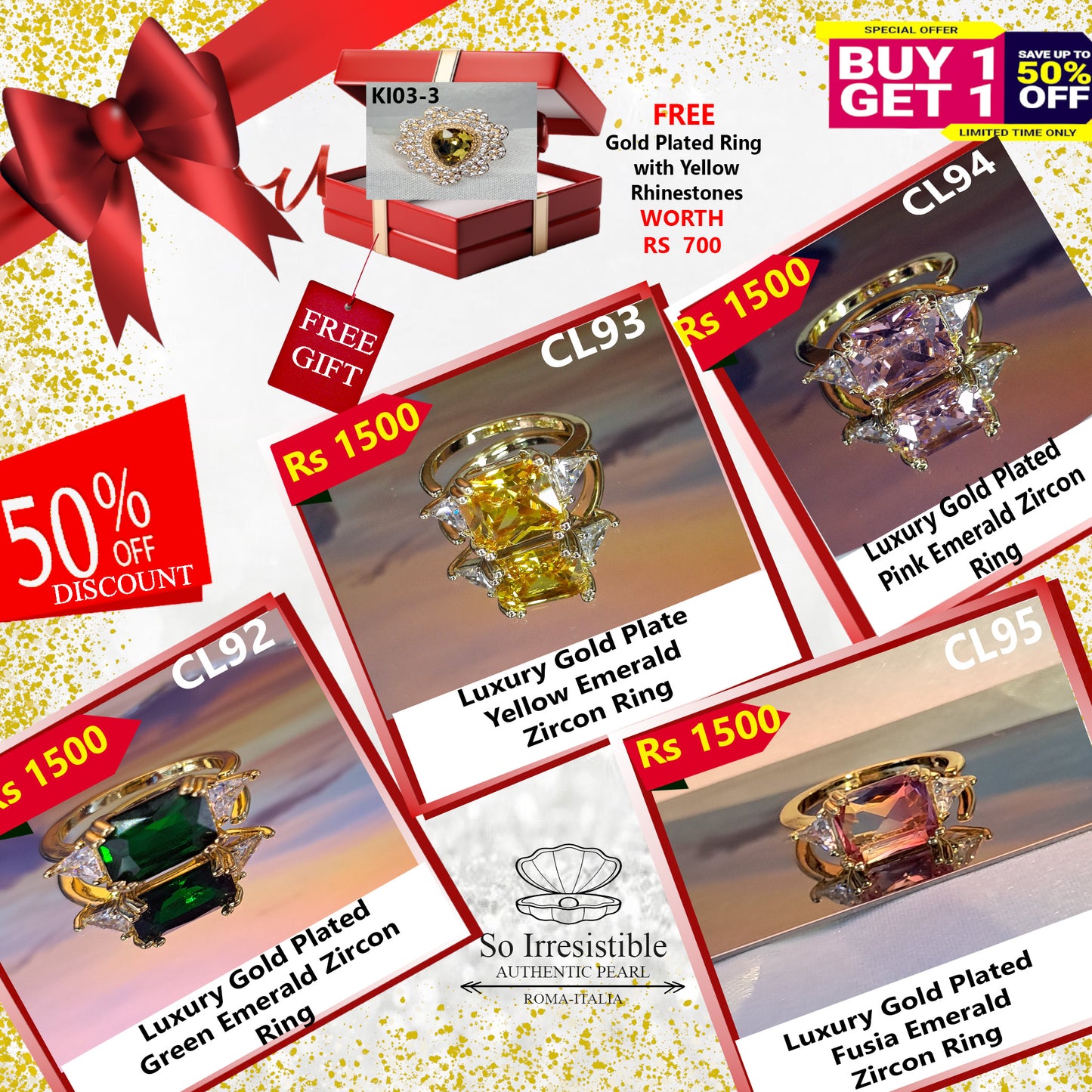 Luxury Gold Plated Emerald Cut Zircon Ring Collection - Multi-Color Collection
