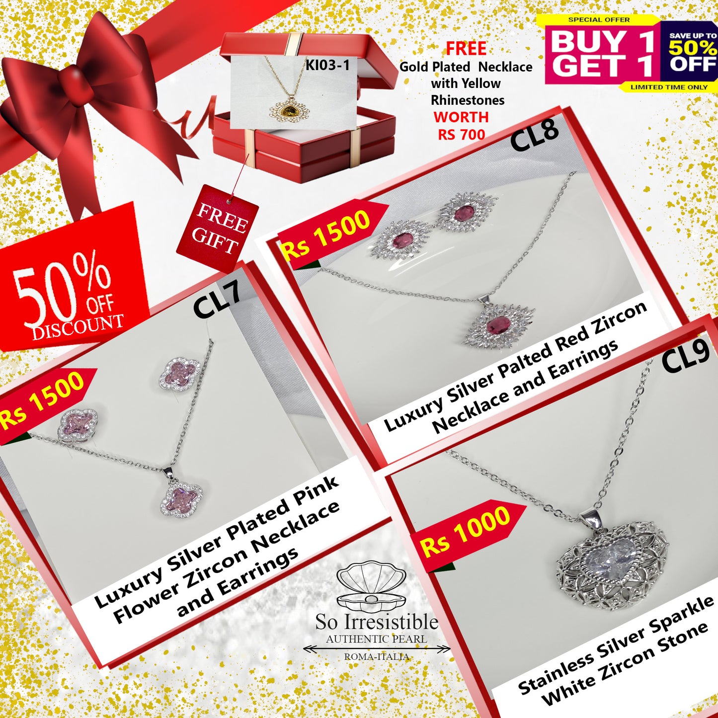 Luxury Silver Plated Zircon Collection - Pink Flower, Red Design & White Sparkle Necklaces