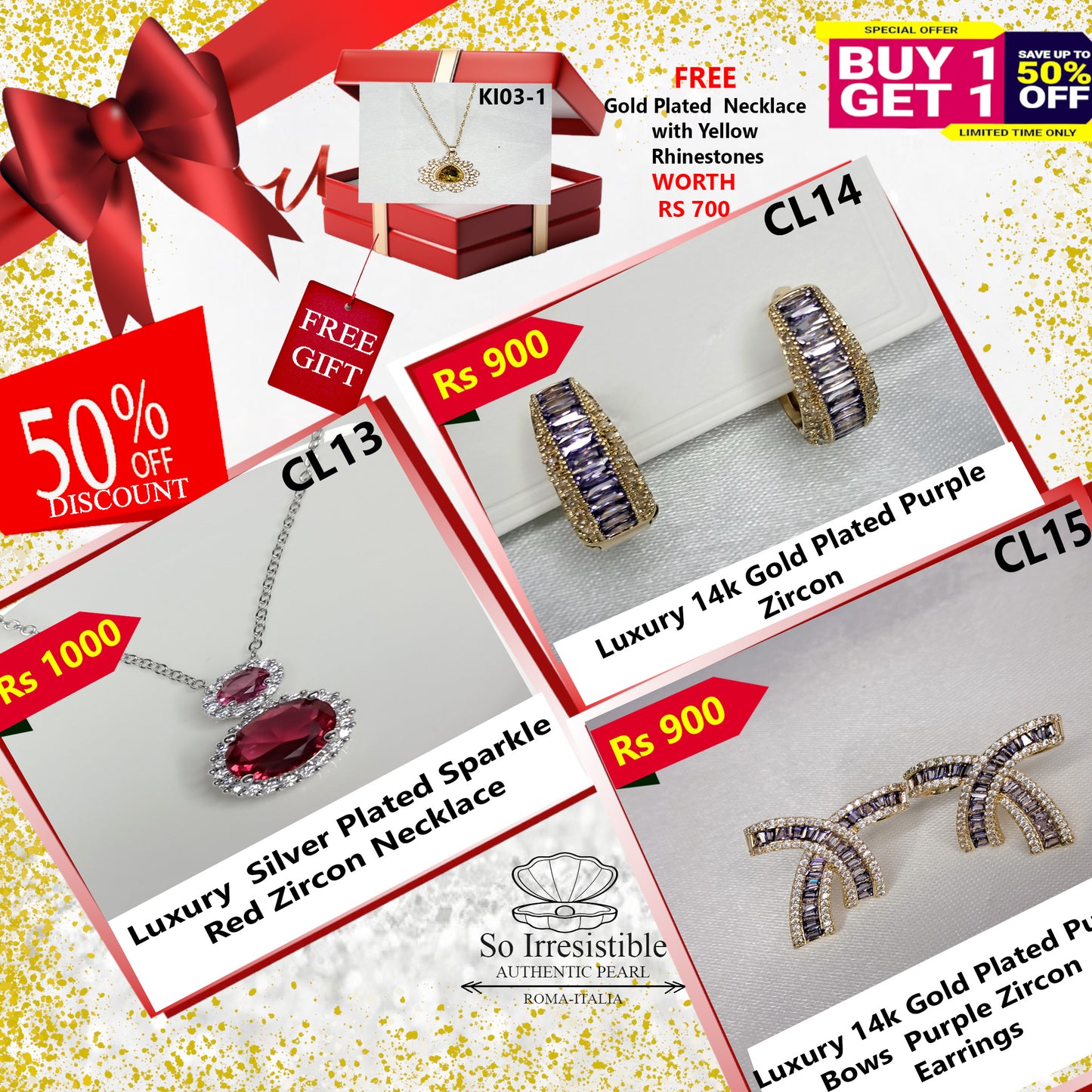 Luxury Silver & Gold Plated Purple & Red Zircon Collection - Necklace and Earrings