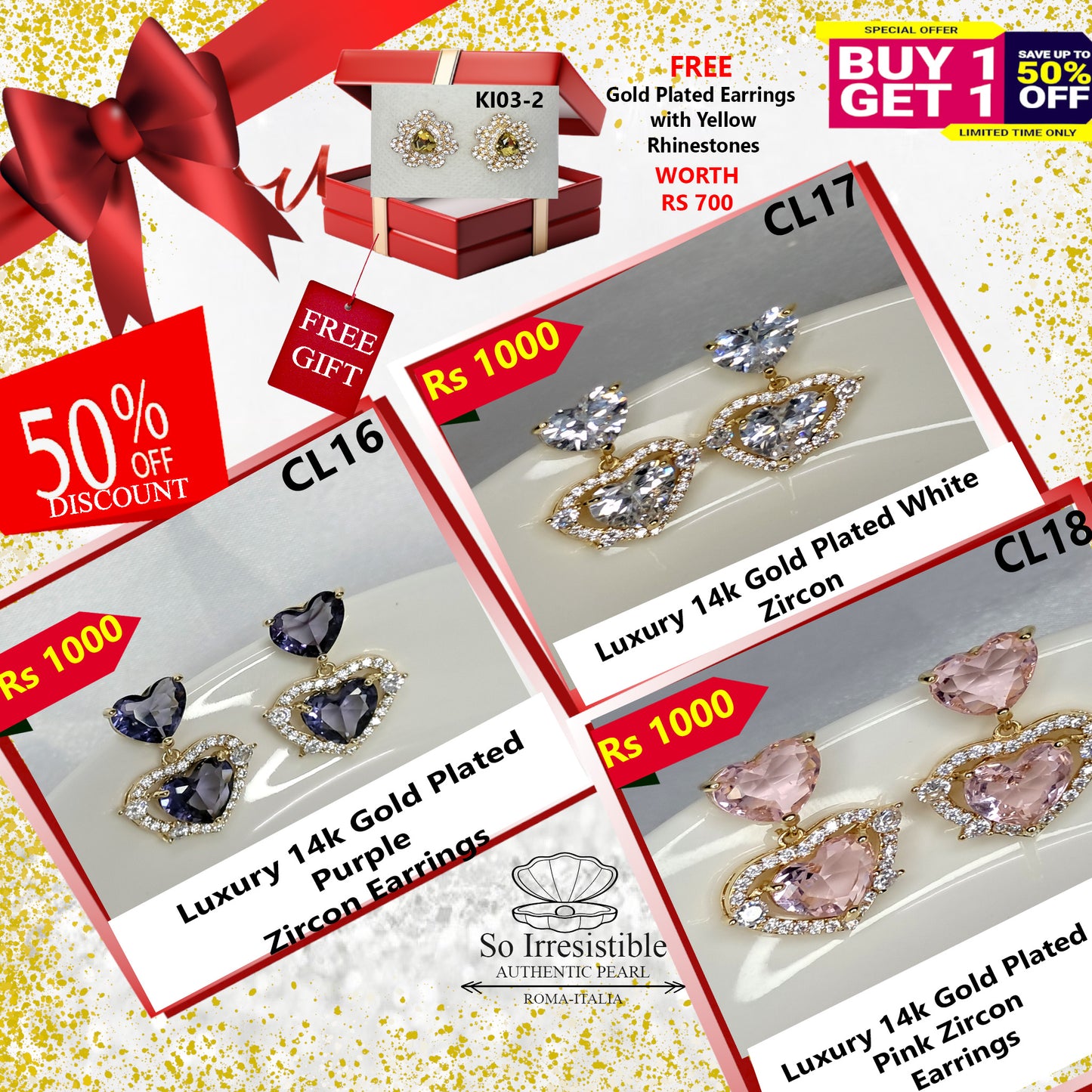 Luxury 14k Gold Plated Heart Collection - Purple, White & Pink Zircon Earring