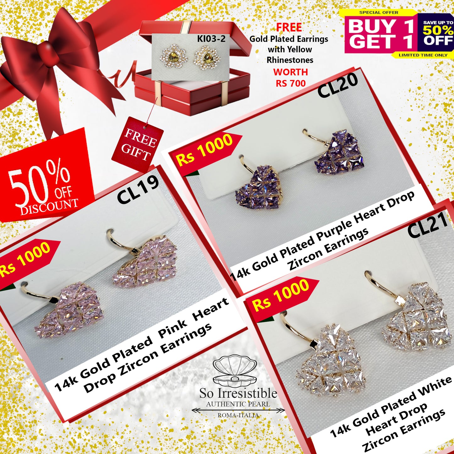14k Gold Plated Heart Drop Collection - Pink, Purple & White Zircon Earrings