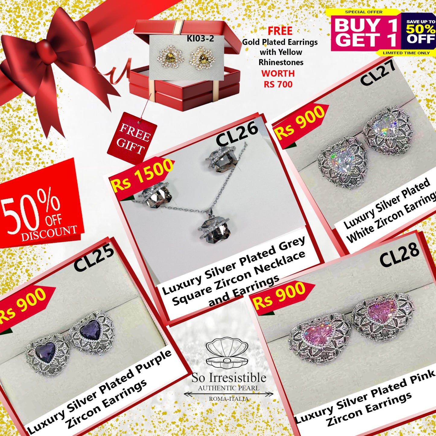 Luxury Silver Plated Zircon Collection - Square Necklace Set & Vintage Design Earrings