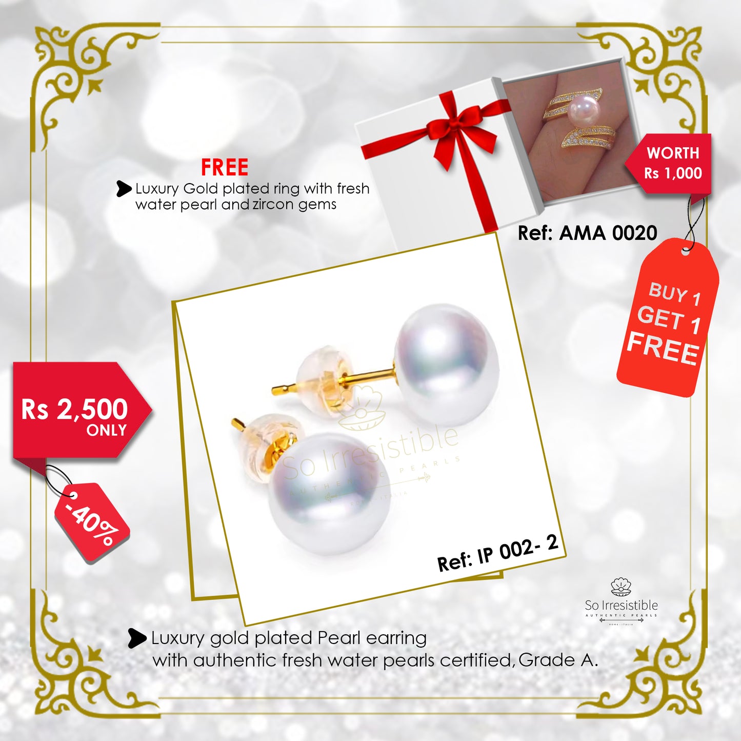 IP 002 - 2 Luxury gold plated pearl earring