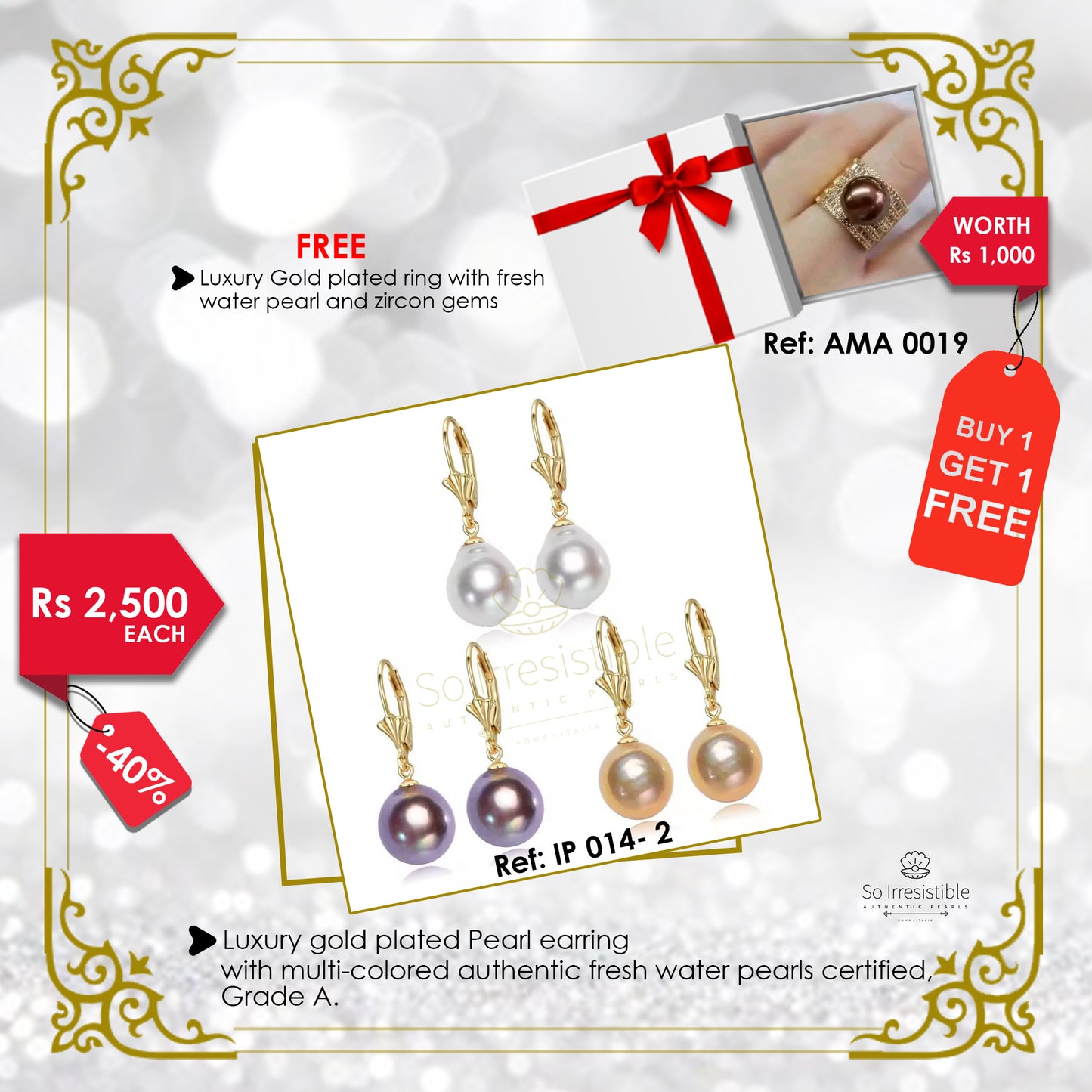 IP 014-2 Luxury gold plated pearl earring