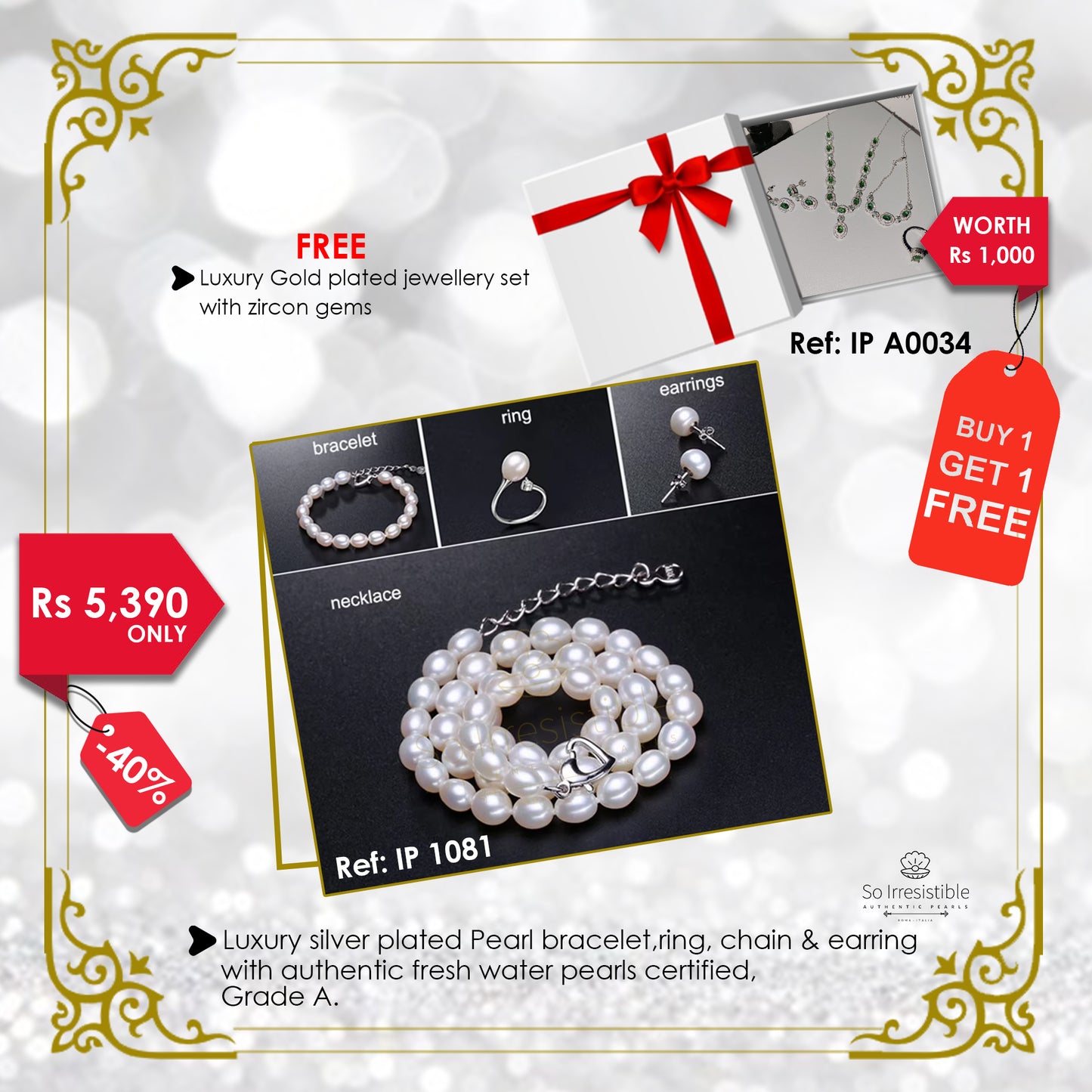 IP 1081 - Luxury silver plated pearl bracelet, ring, chain & earring