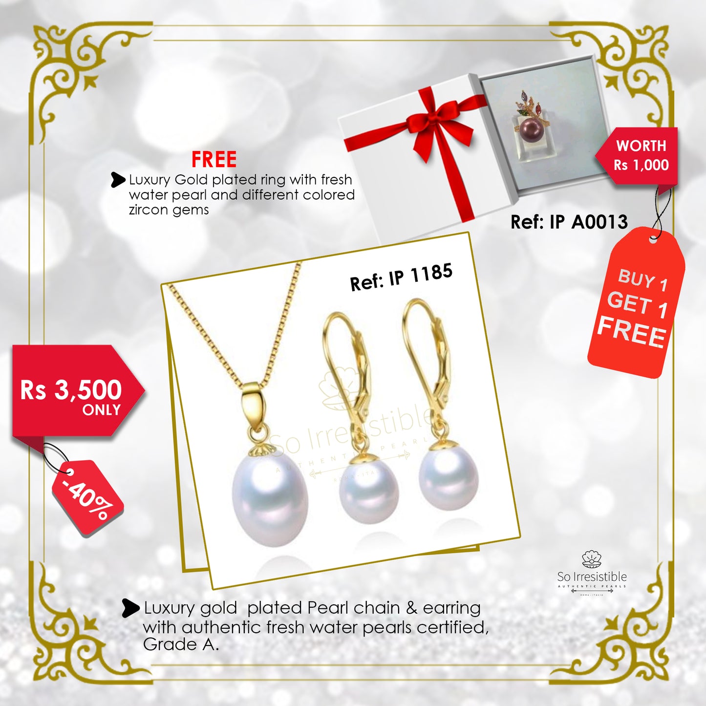 IP 1185 - Luxury gold plated pearl chain & earring