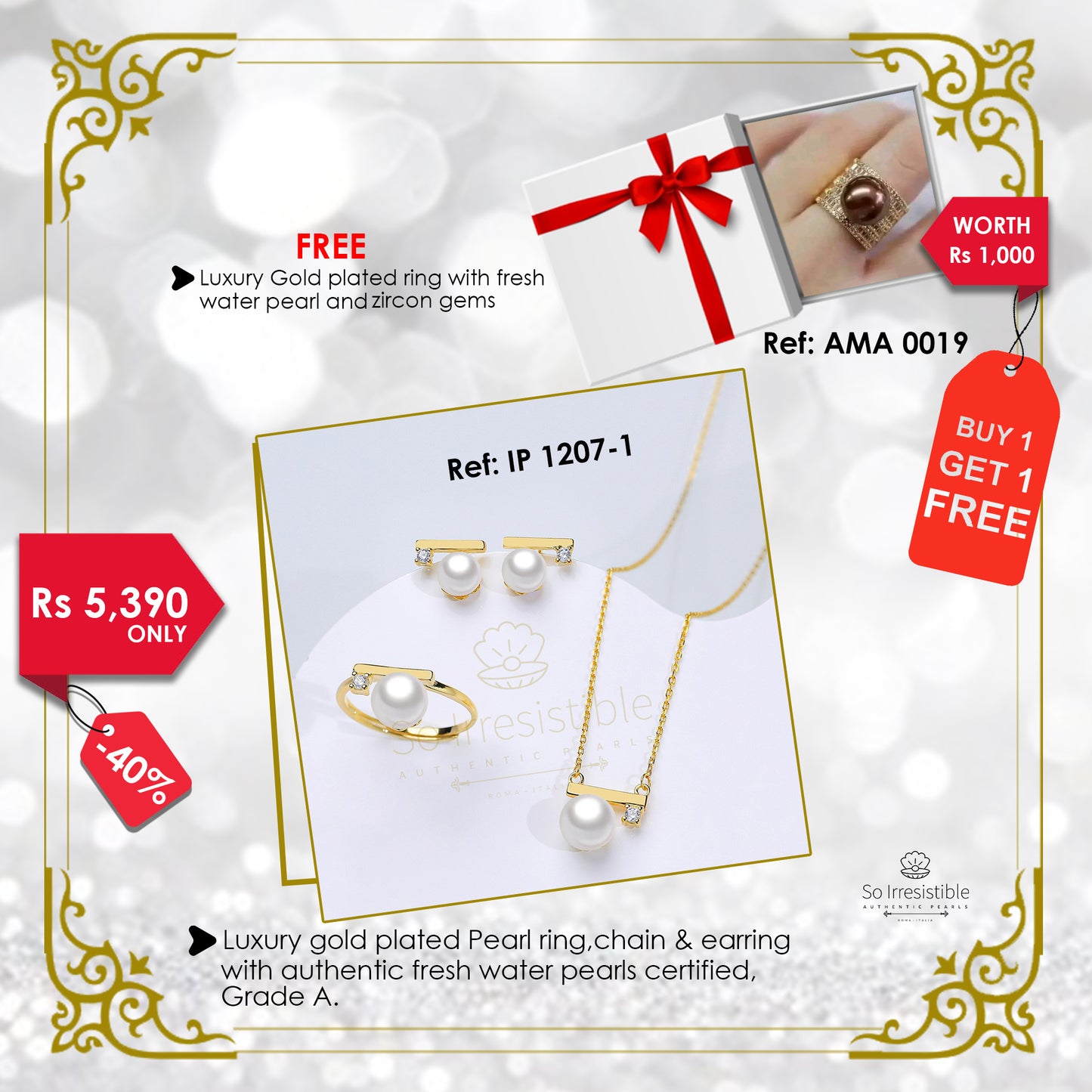 IP 1207-1 - Luxury gold plated pearl ring, chain & earring