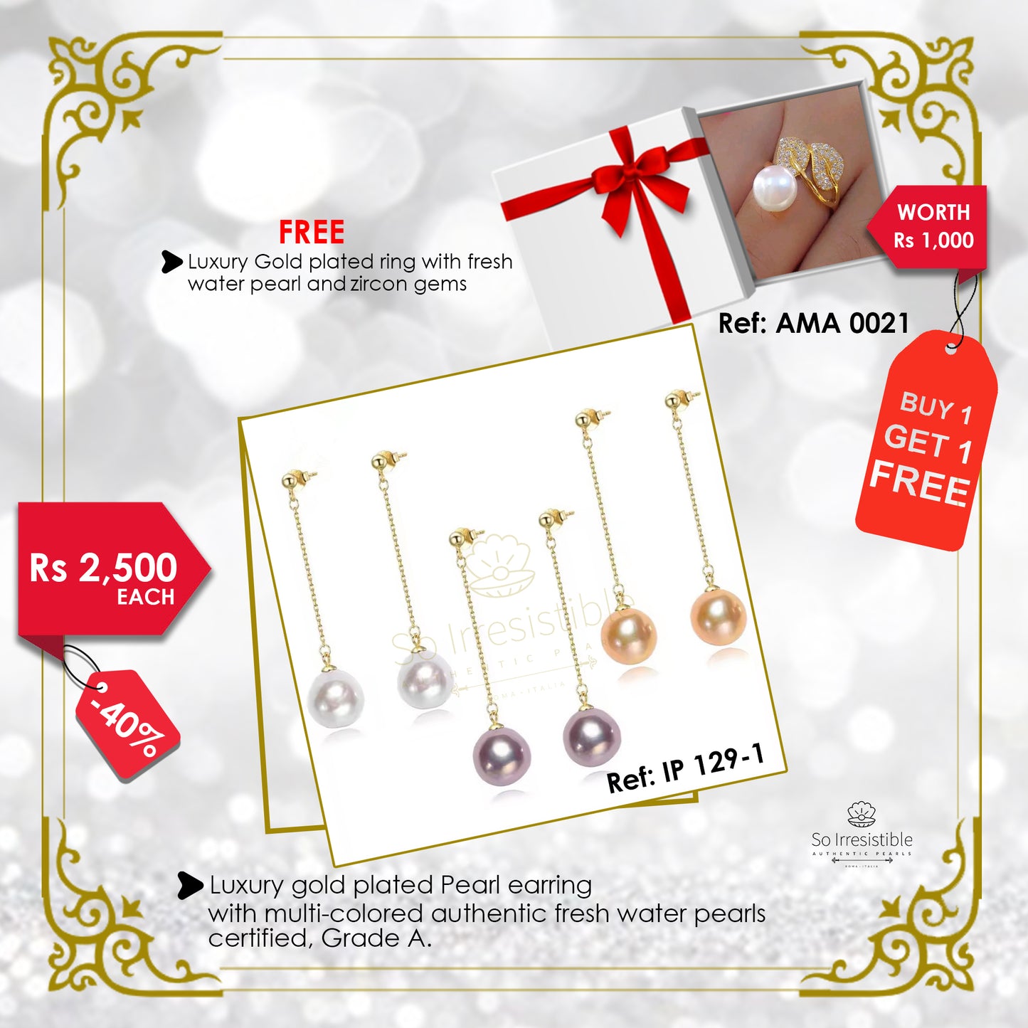 IP 129-1 Luxury gold plated pearl earring
