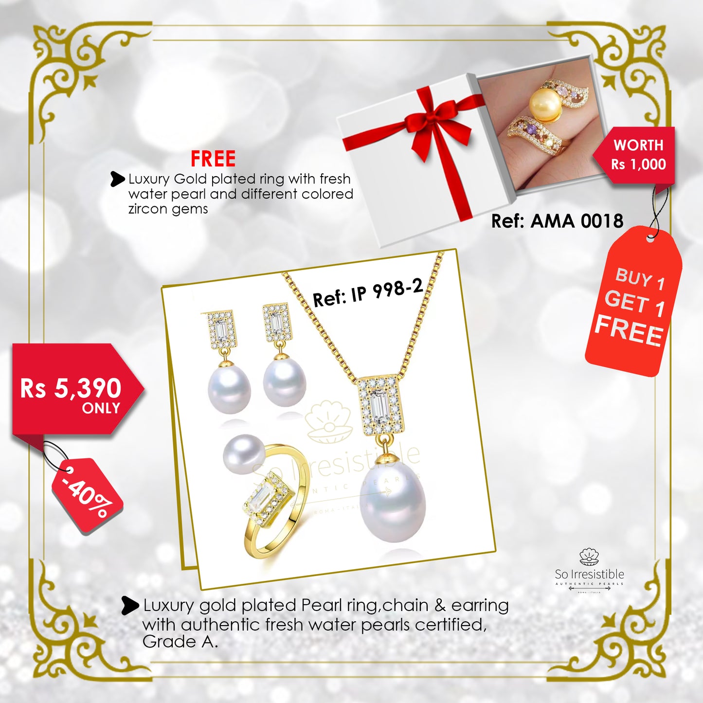 IP 998-2 - Luxury gold plated pearl ring, chain & earring