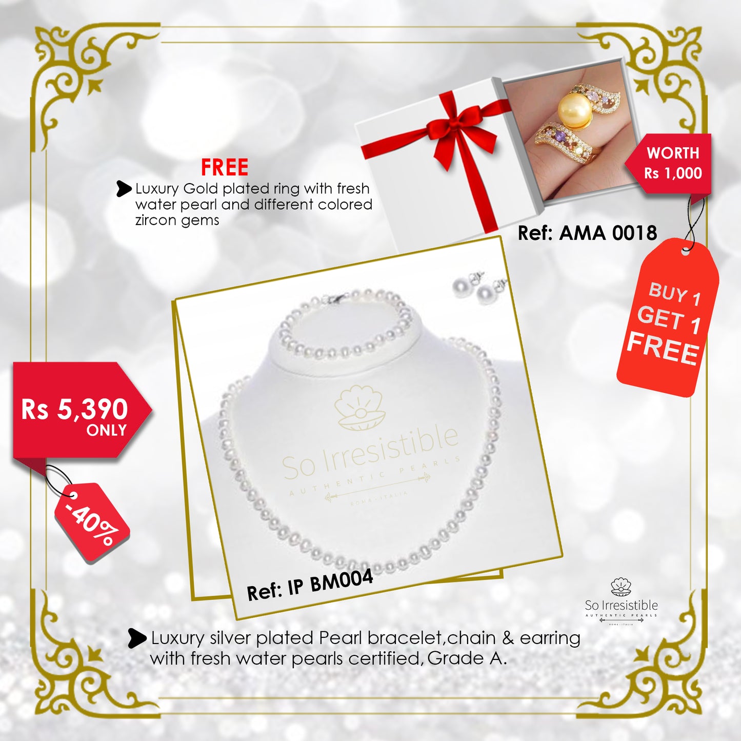 IP BM004 - Luxury silver plated pearl bracelet, chain & earring