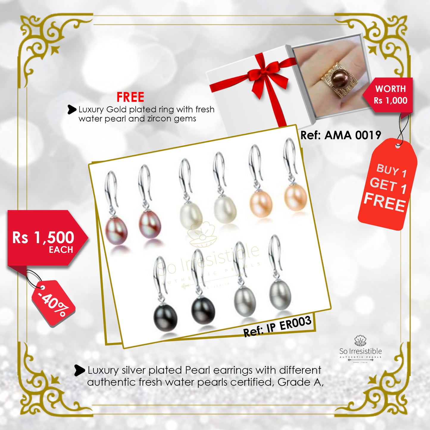 IP ER003 - Luxury silver plated pearl earring