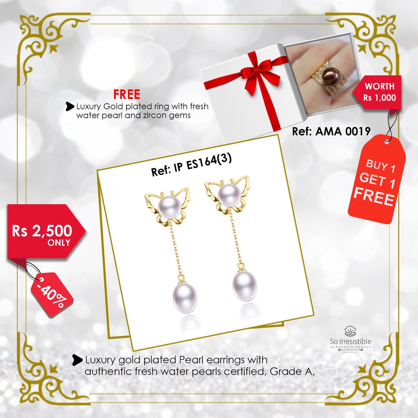 IP ES164(3) - Luxury gold plated pearl earrings
