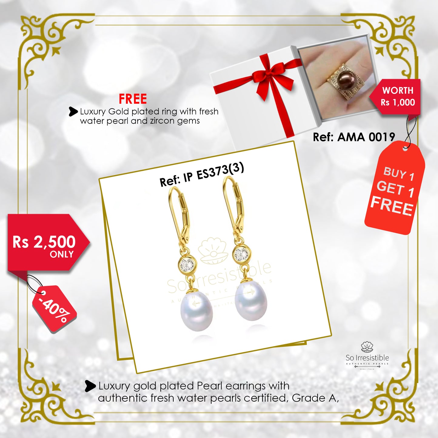 IP ES373(3) - Luxury gold plated pearl earring
