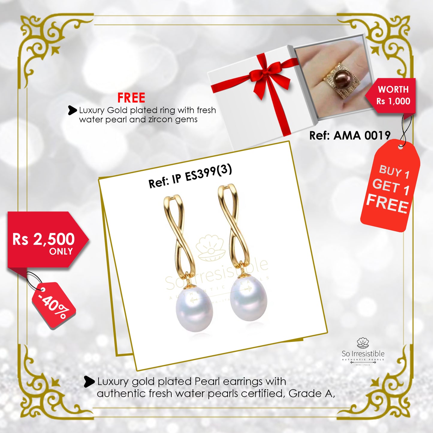 IP ES399(3) - Luxury gold plated pearl earrings