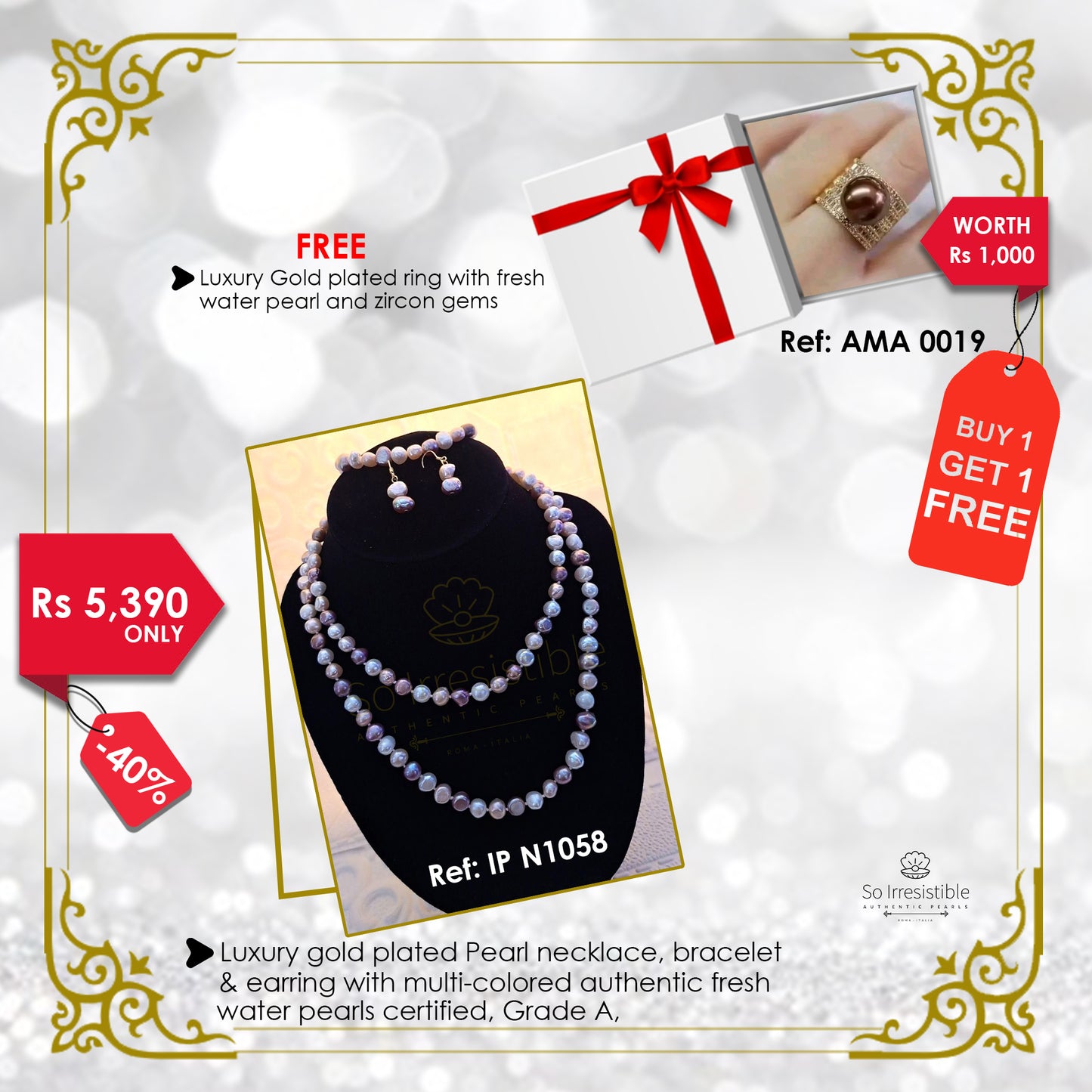 IP N1058 - Luxury gold plated pearl necklace, bracelet & earring