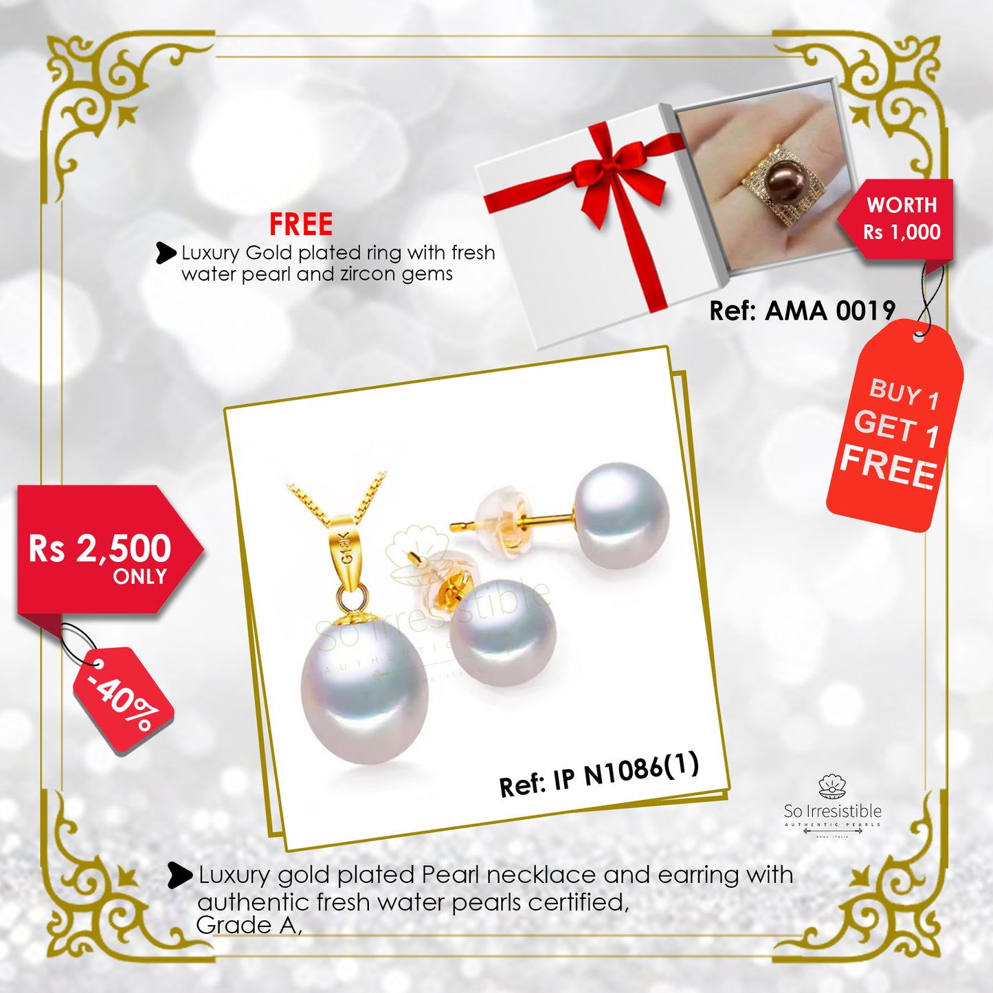 IP N1086(1) - Luxury gold plated pearl necklace and earring