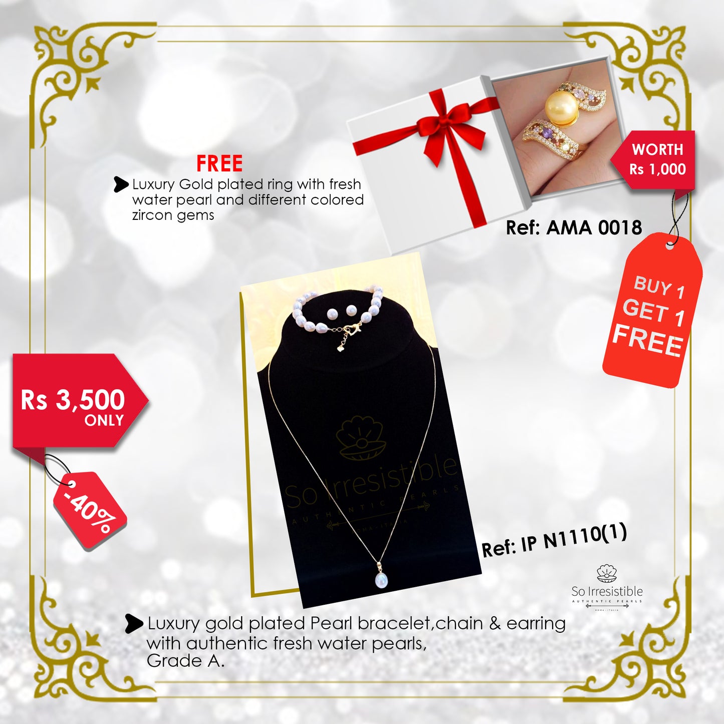 IP N1110(1) - Luxury gold plated pearl bracelet and earring