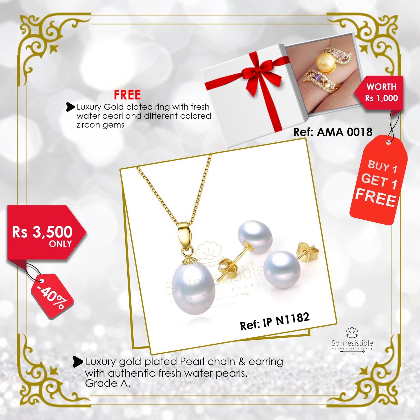 IP N1182 - Luxury gold plated pearl chain and earring