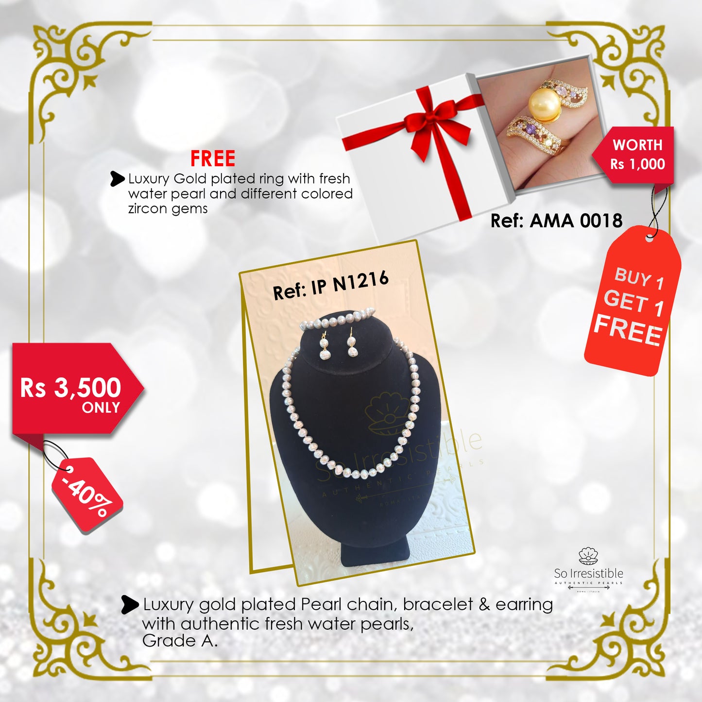 IP N1216 - Luxury gold plated pearl chain, bracelet and earring