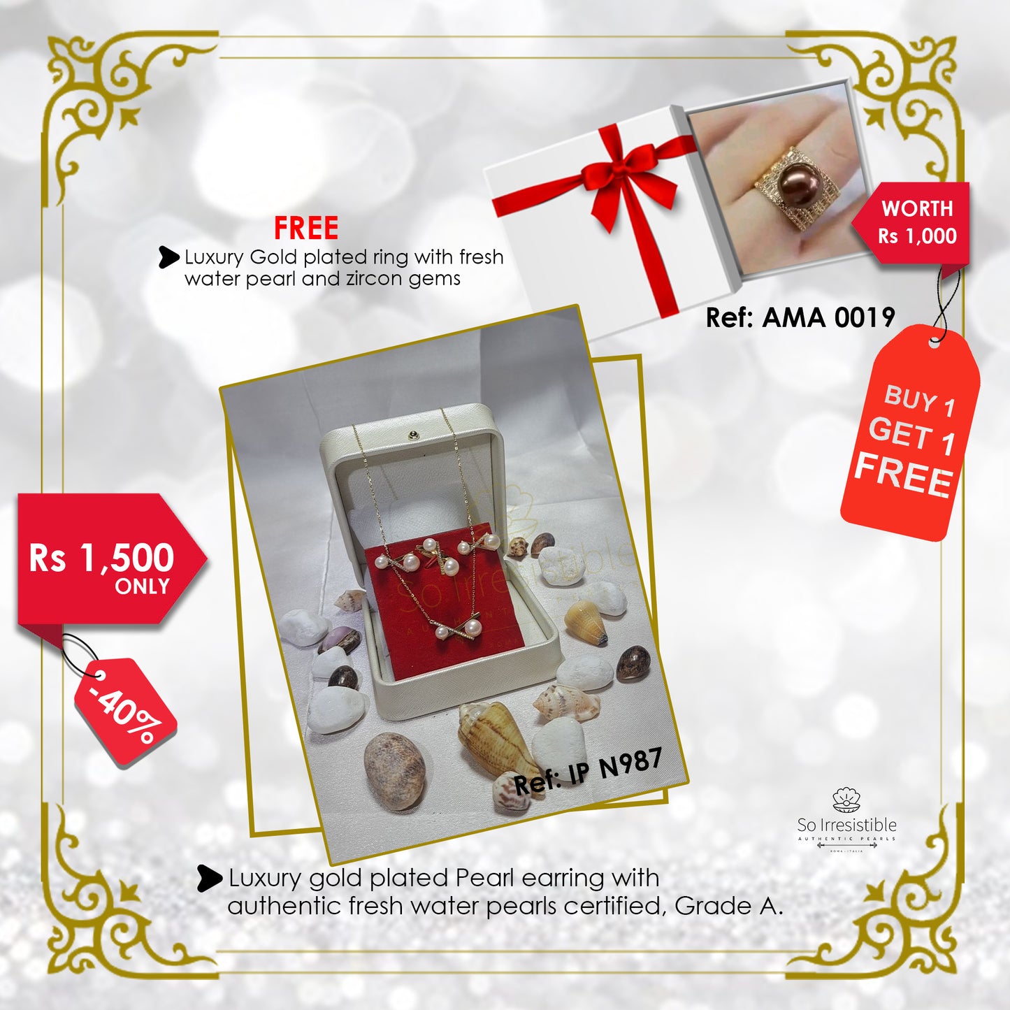 IP N987 - Luxury gold plated pearl earring