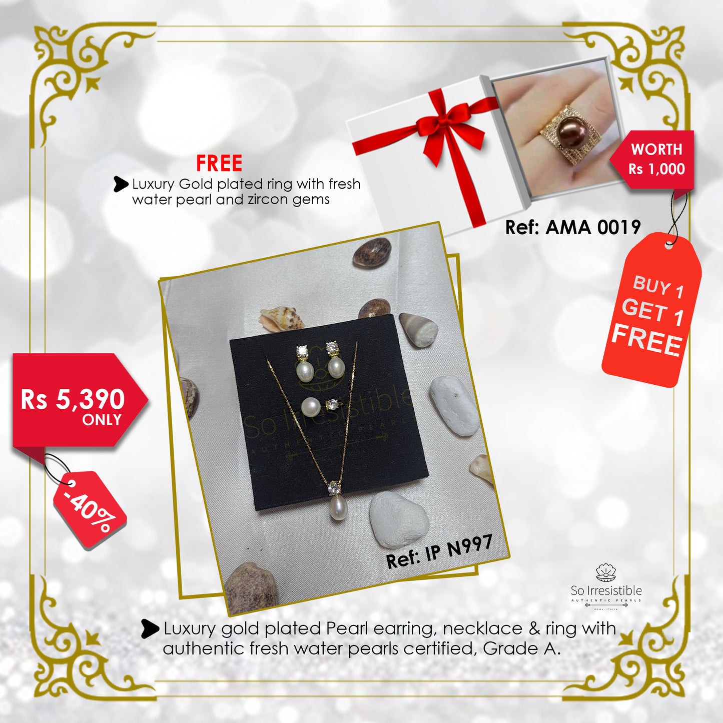 IP N997 - Luxury gold plated pearl earring, necklace & ring
