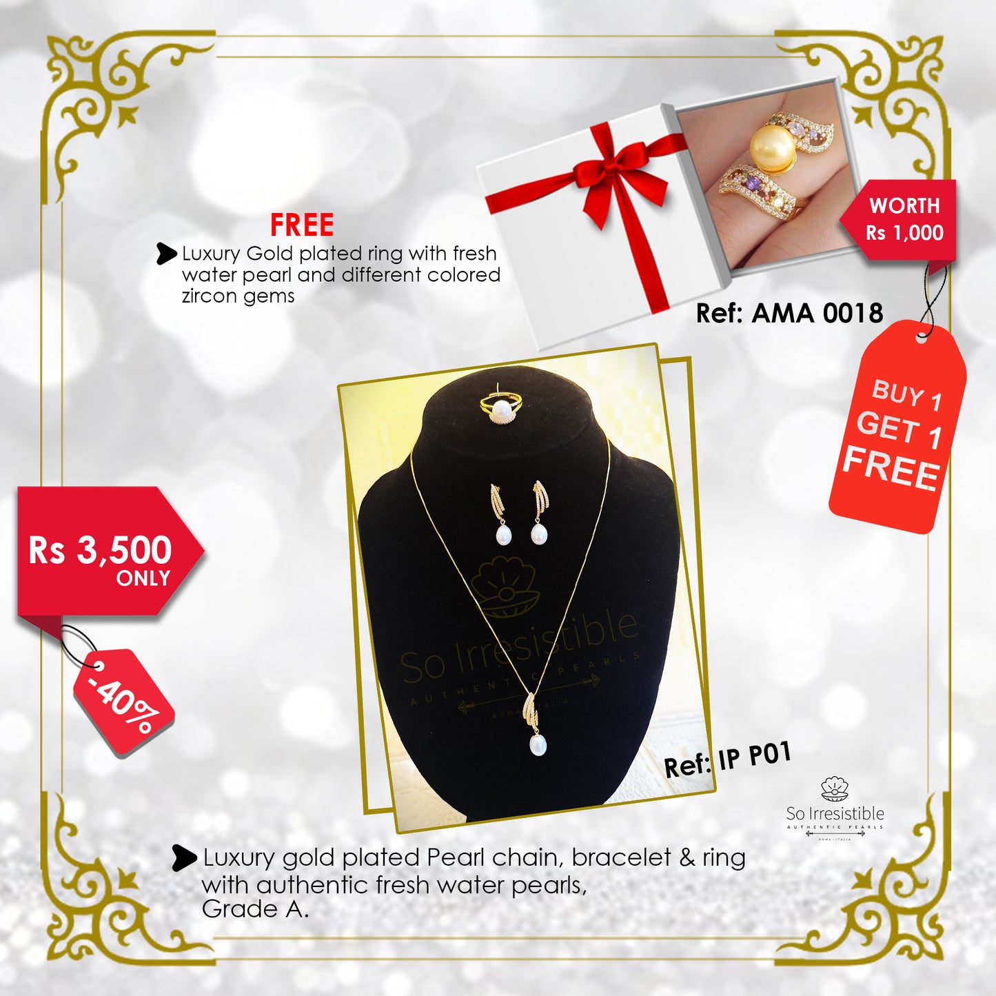 IP P01 - Luxury gold plated pearl chain, bracelet and ring
