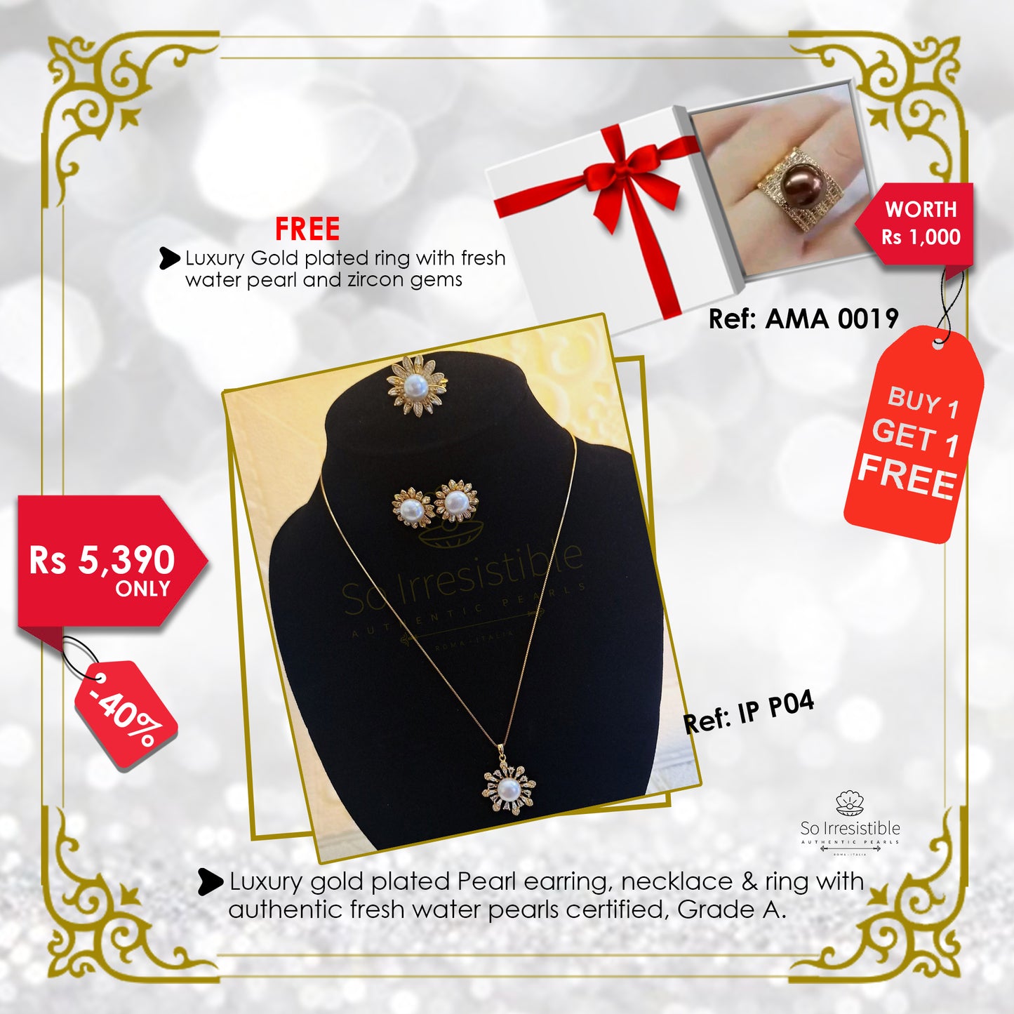 IP P04 - Luxury gold plated pearl necklace, earring and ring