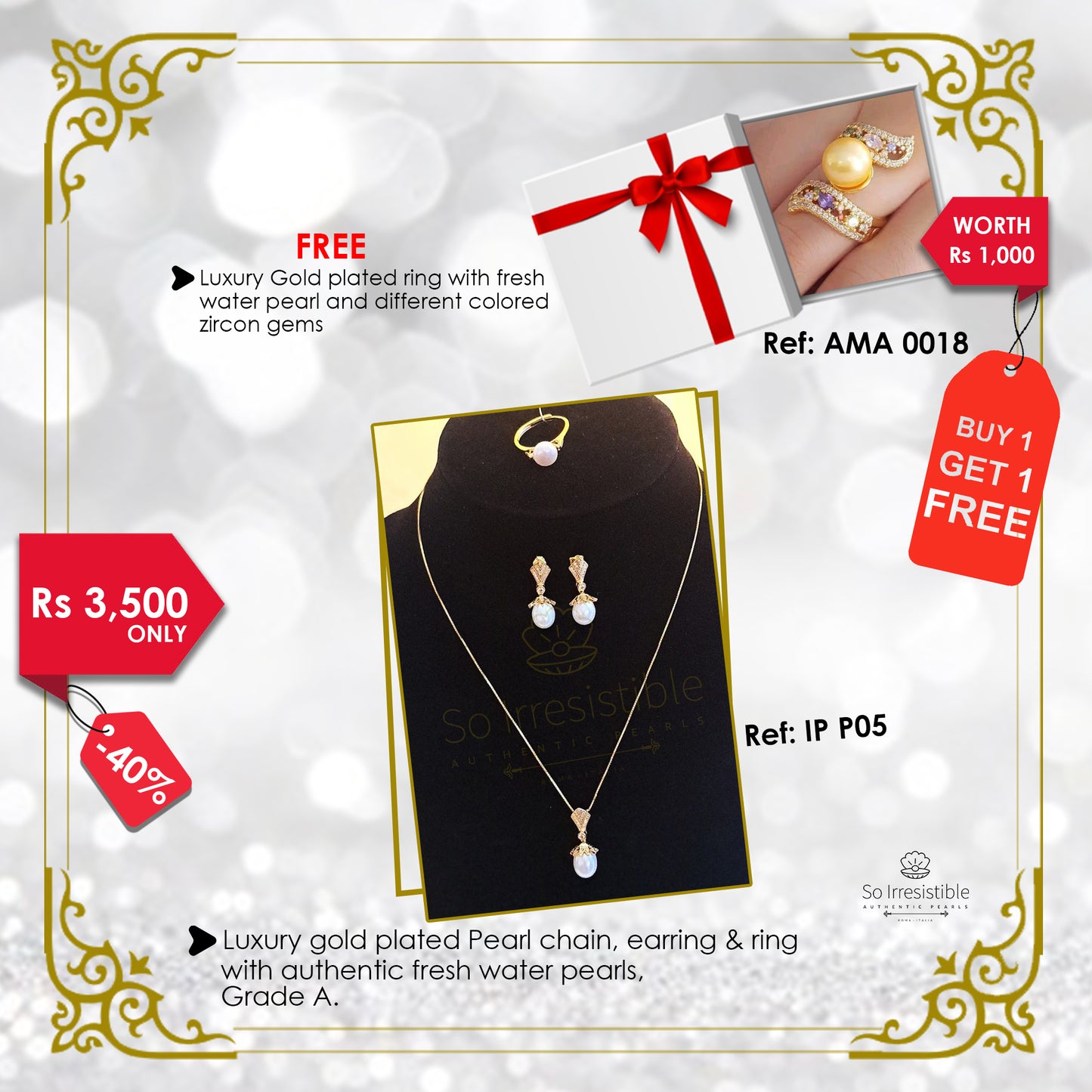 IP P05 - Luxury gold plated pearl chain, earring & ring