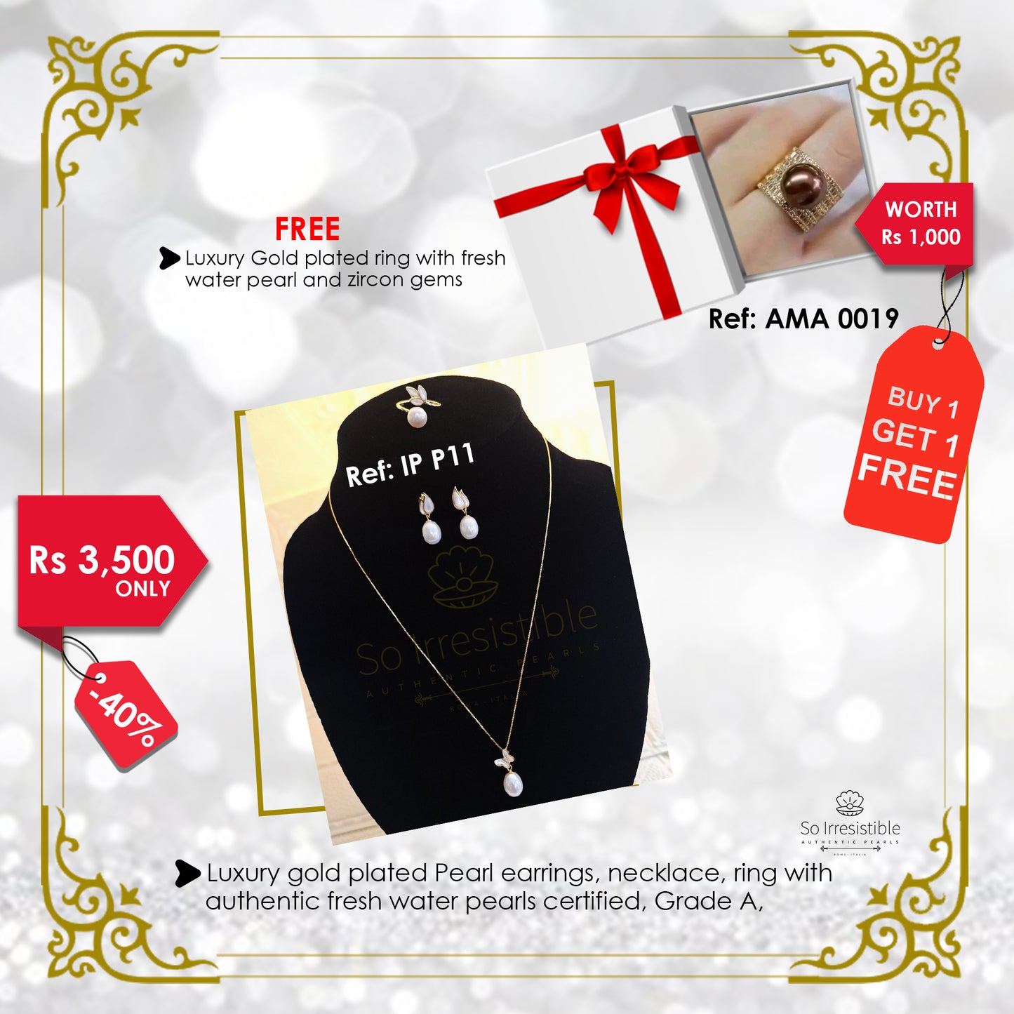 IP P11 - Luxury gold plated pearl earrings, necklace and ring