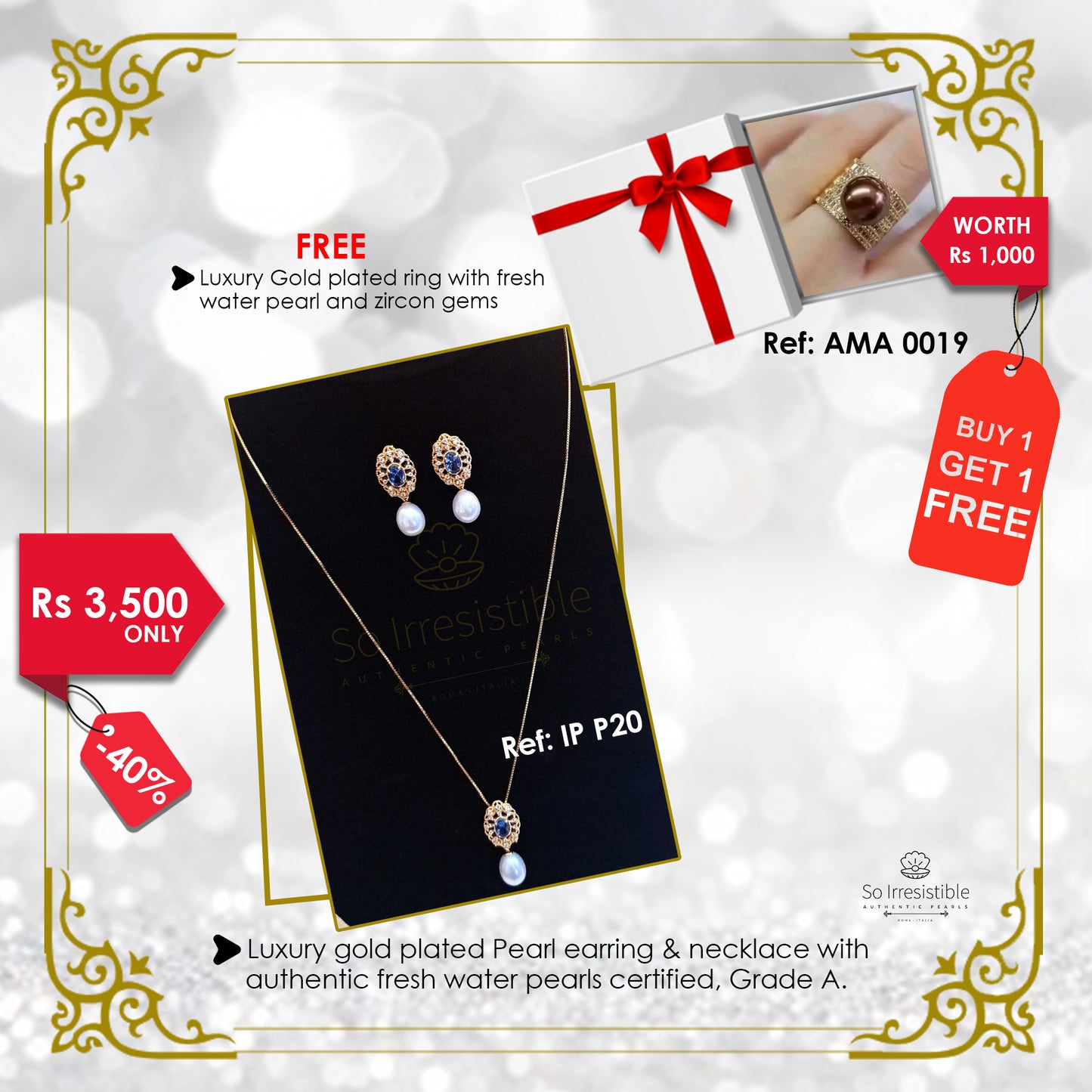 IP P20 - Luxury gold plated pearl earring & necklace