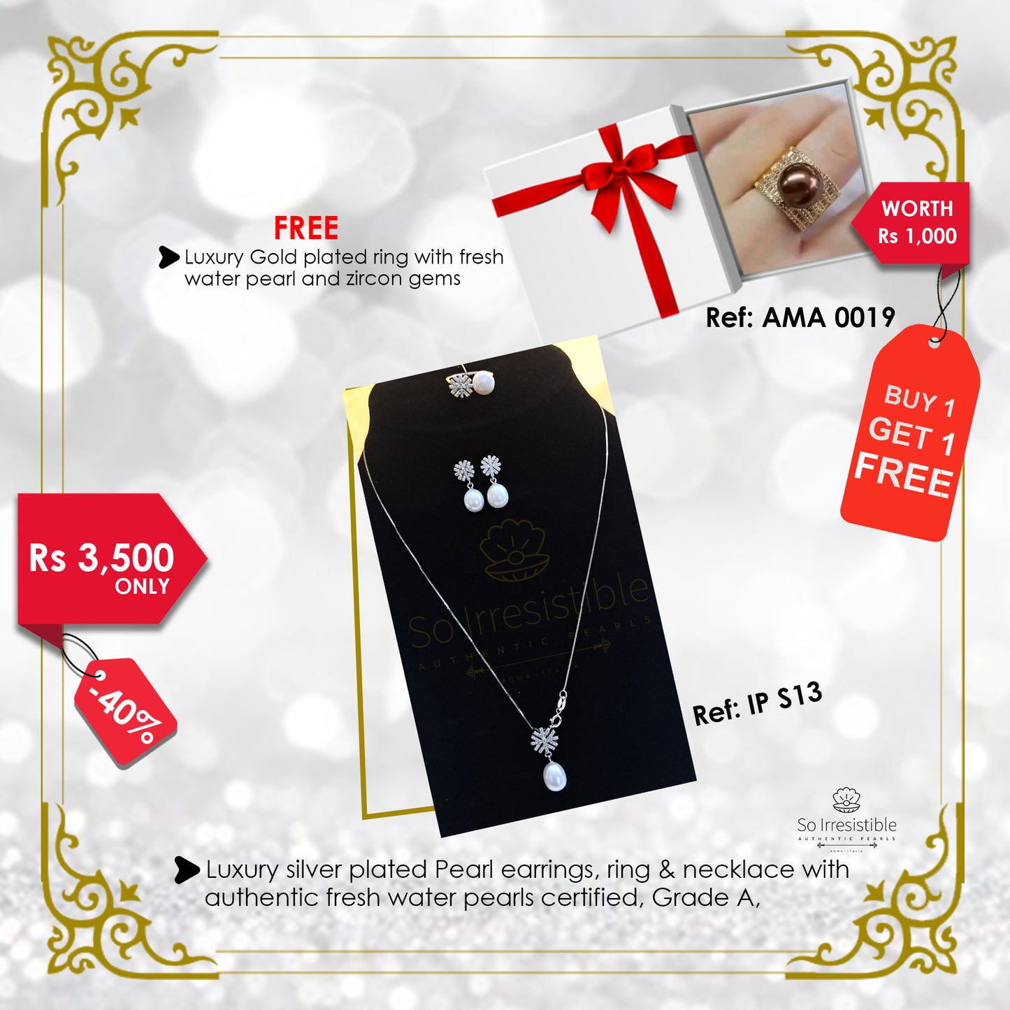 IP S13 - Luxury silver plated pearl earring, ring & necklace