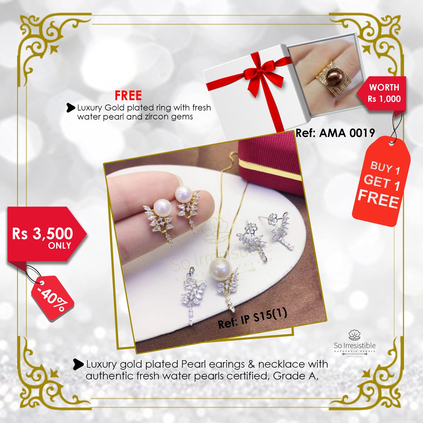 IP S15(1) - Luxury gold plated pearl earring & necklace