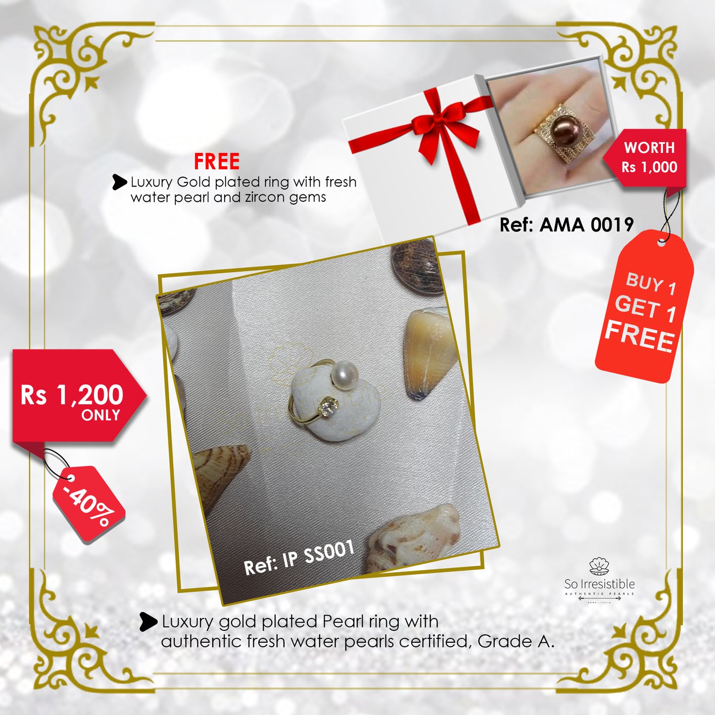 IP SS001 - Luxury gold plated pearl ring