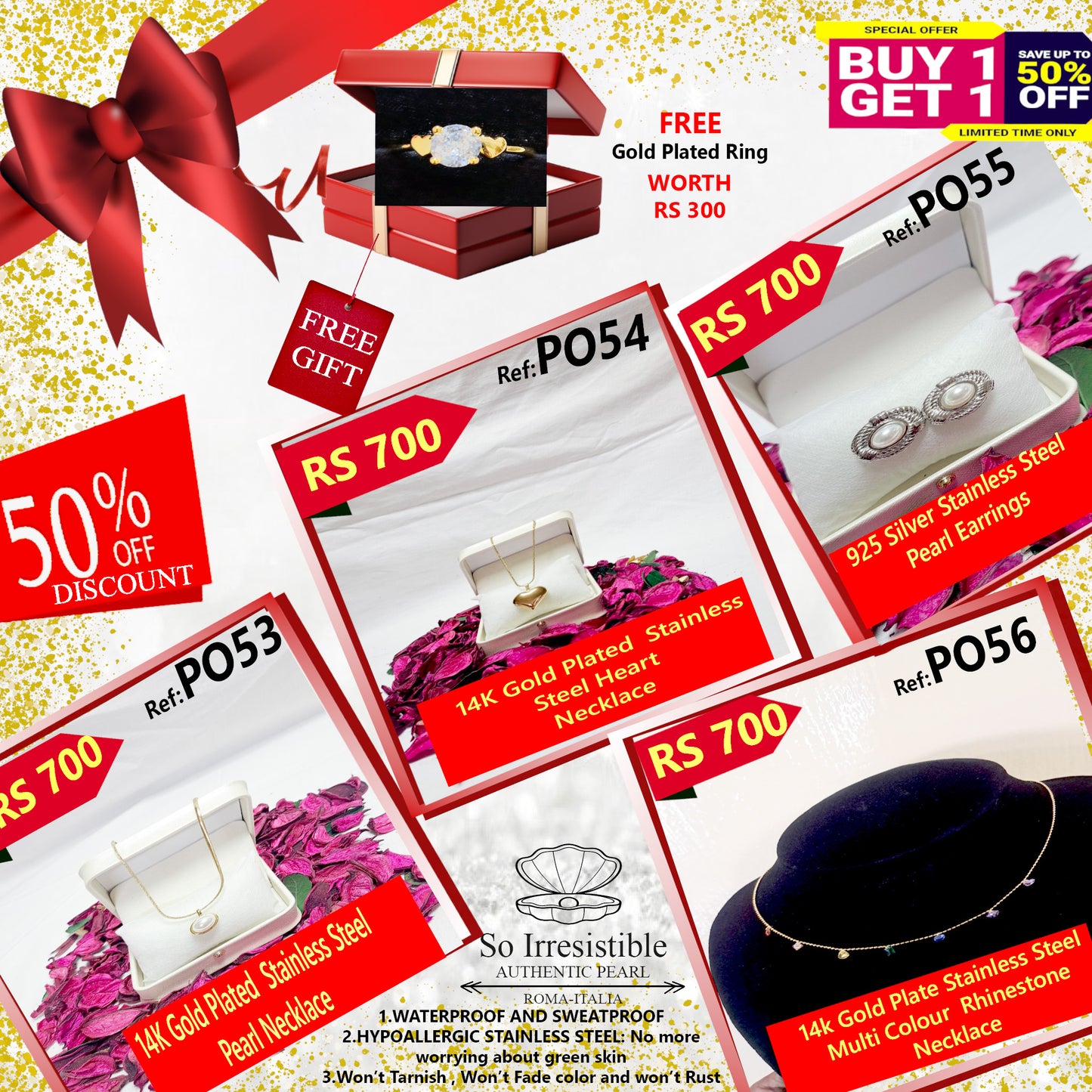 14k Plated Stainless Steel Collection - Pearl, Heart & Rhinestone Designs