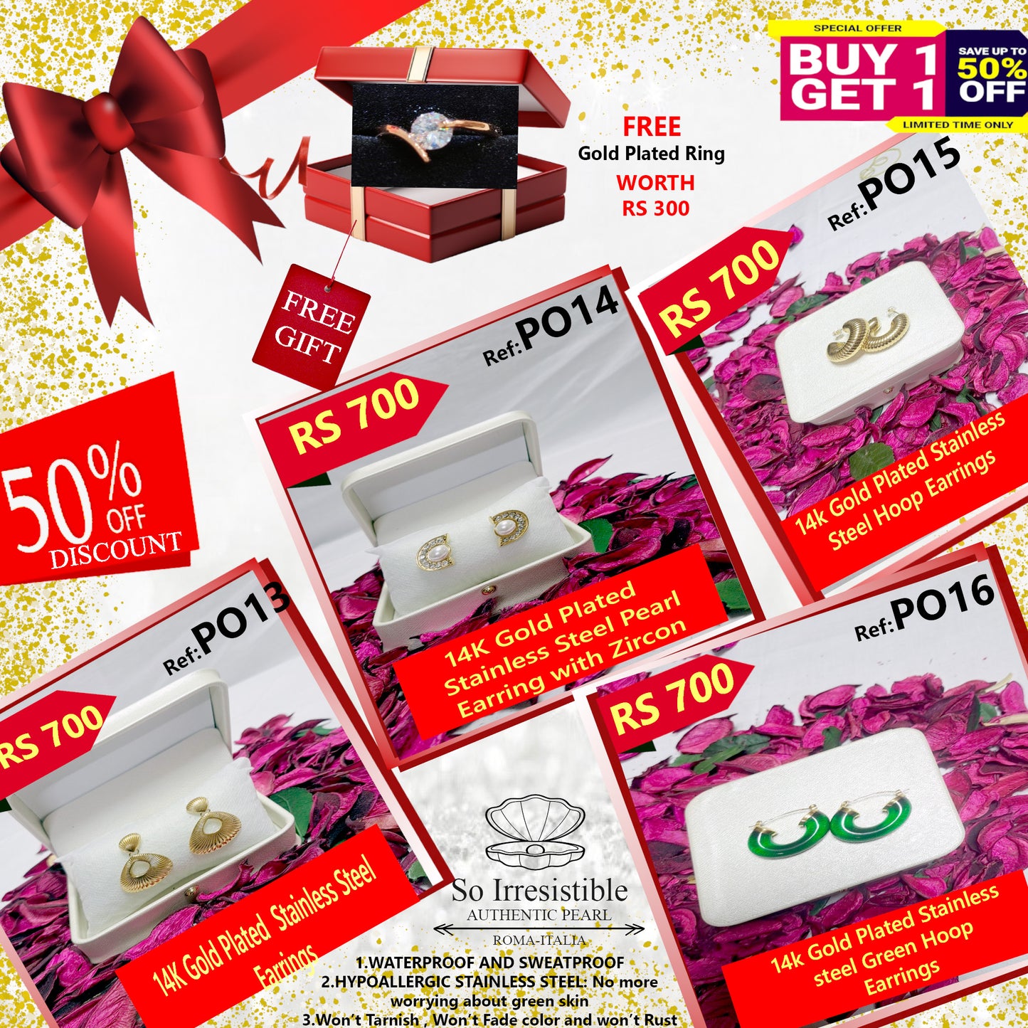 14k Gold Plated Stainless Steel Earring Collection - Modern Hoop & Pearl Designs