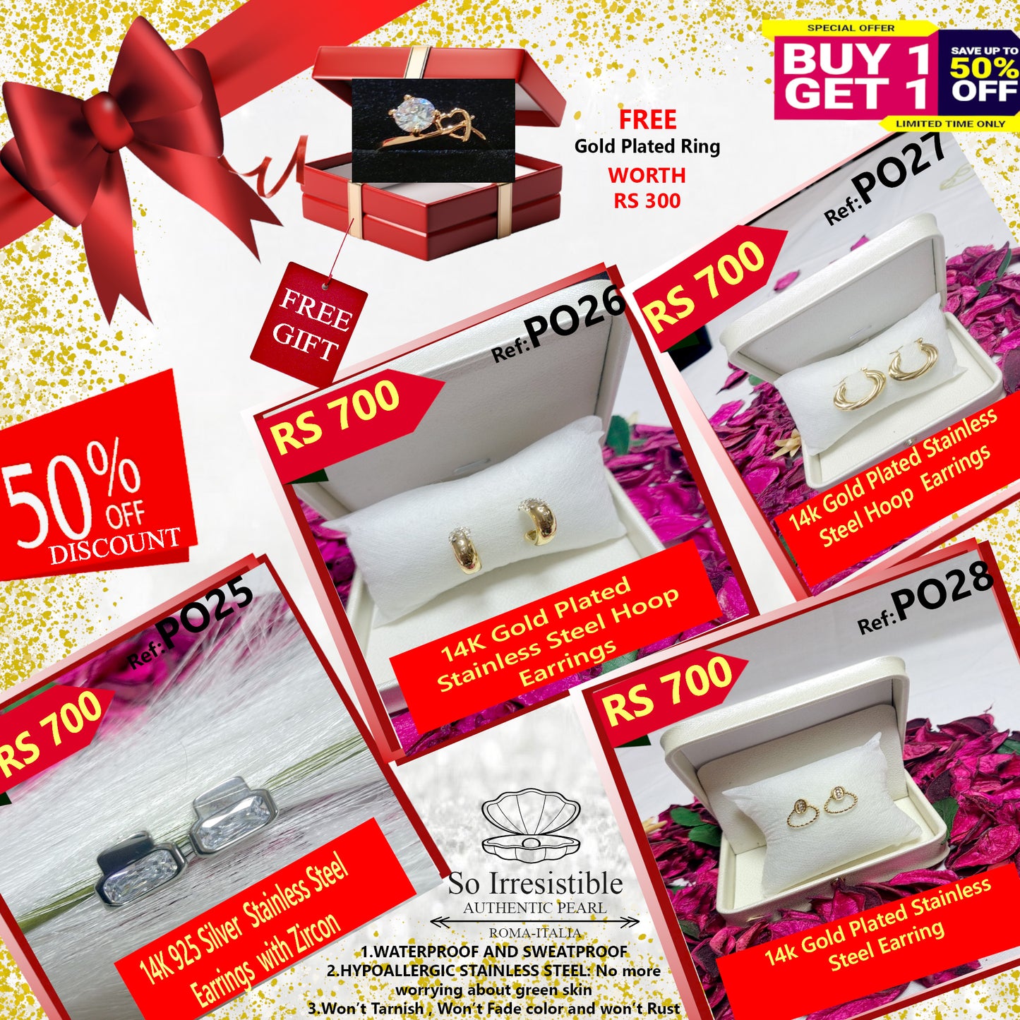 14k Gold & Silver Plated Stainless Steel Earring Collection - Modern Hoop & Heart Designs