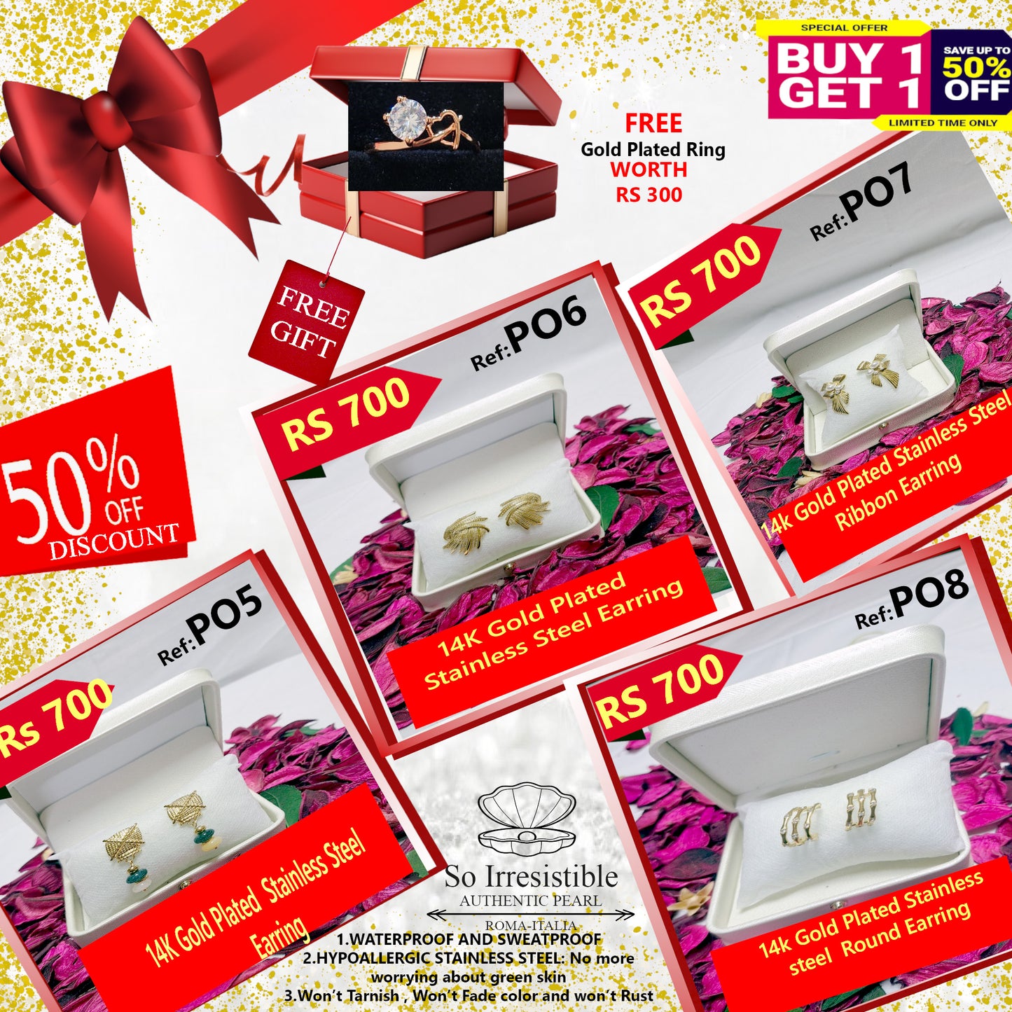 14k Gold Plated Stainless Steel Earring Collection - Classic & Modern Designs