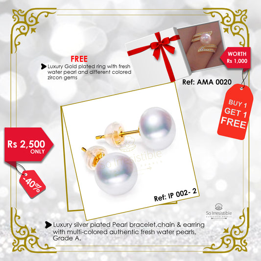 IP 002 - 2 Luxury silver plated stud pearl earring