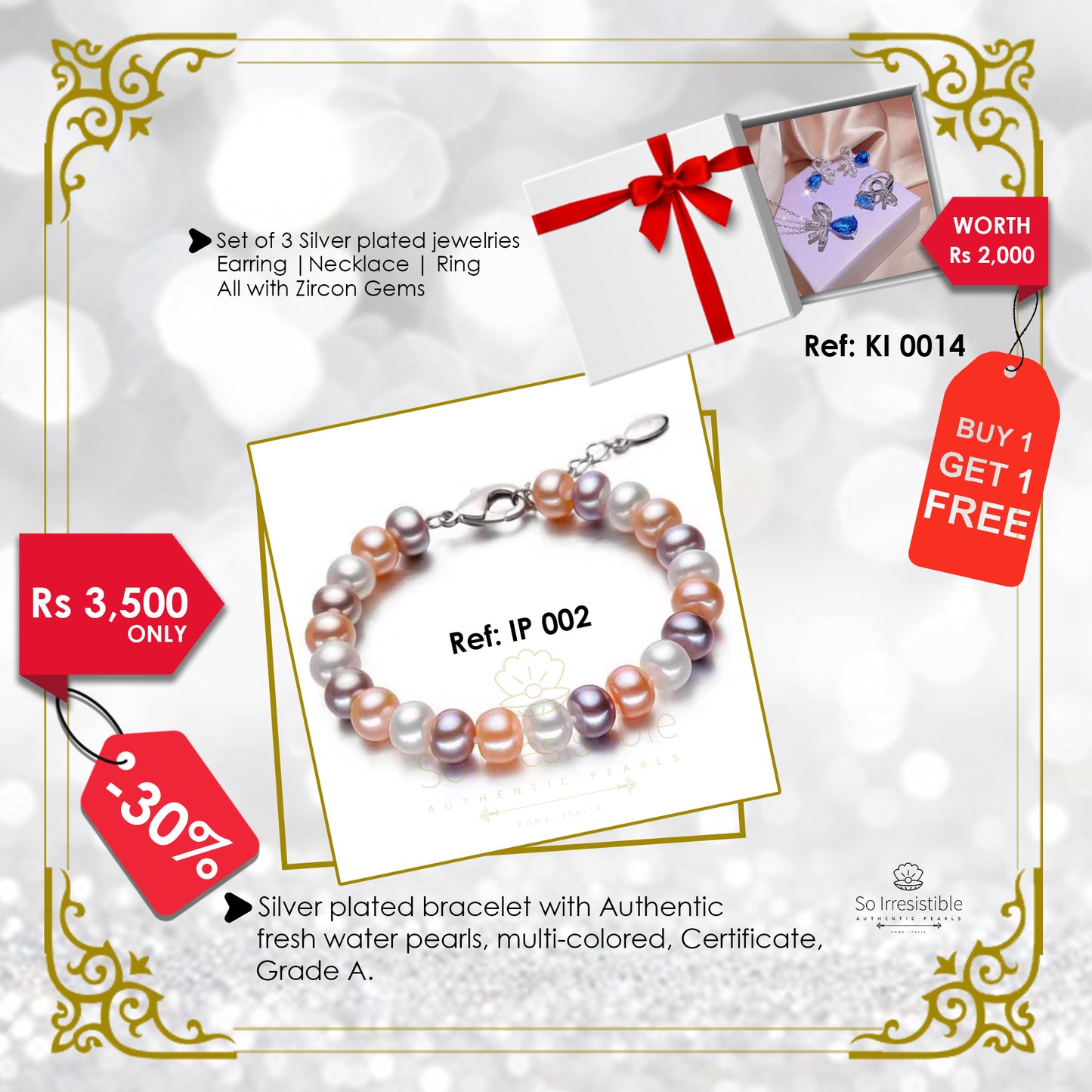 IP 002 - Silver plated bracelet with authentic multi coloured fresh water pearls