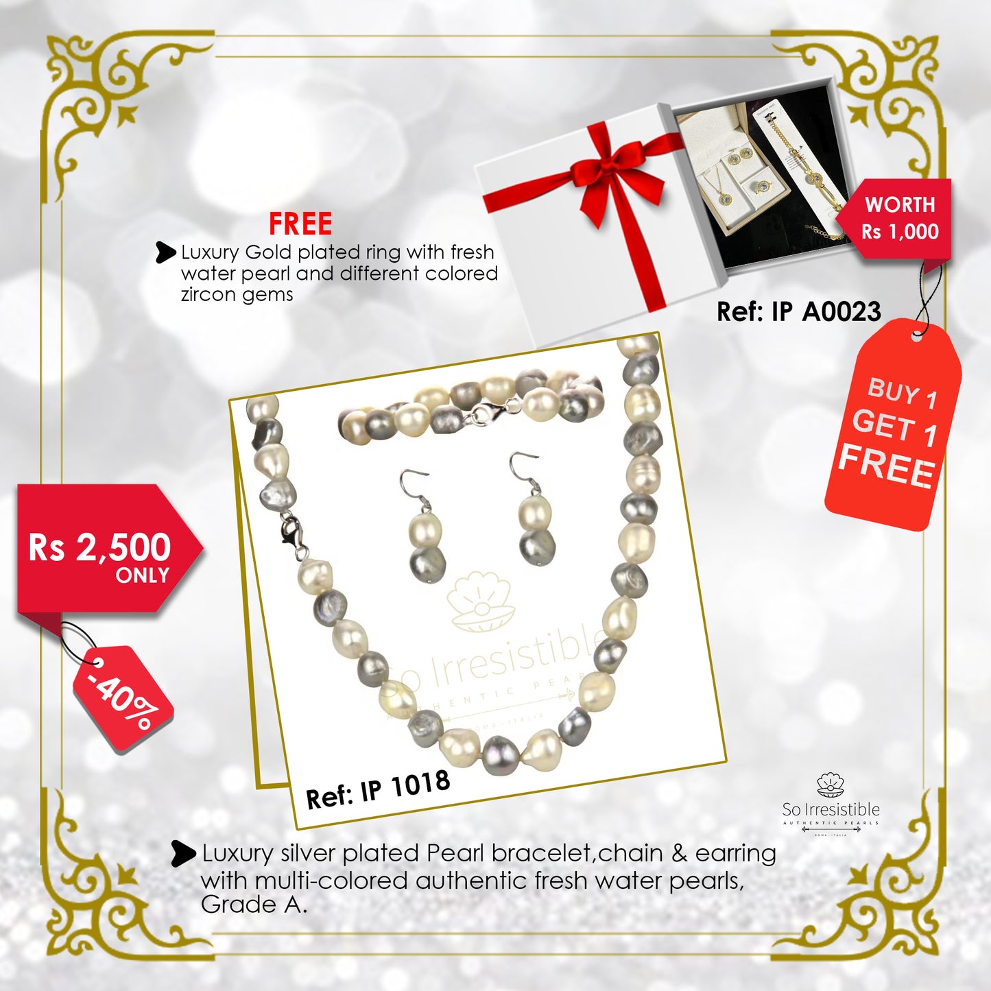 IP 1018 - Set of Luxury Pearl bracelet, necklace & earring