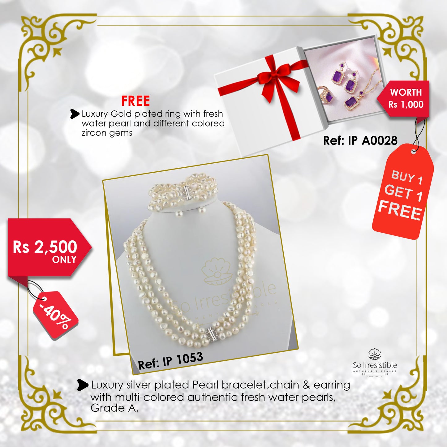 IP 1053 - Set of Luxury Pearl bracelet, necklace & earring