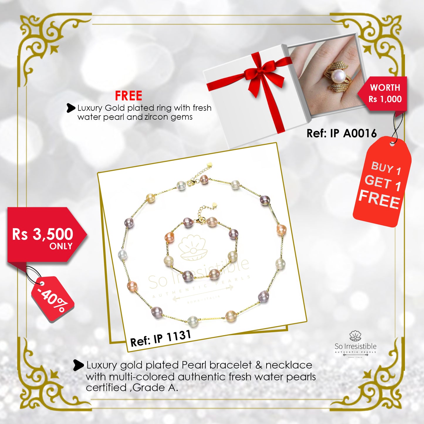 IP 1131 - Luxury gold plated pearl bracelet & necklace