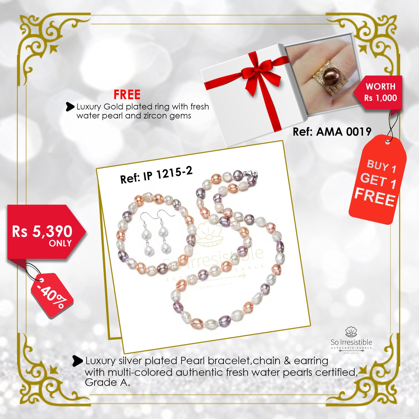 IP 1215-2 - Luxury silver plated pearl bracelet, chain & earring