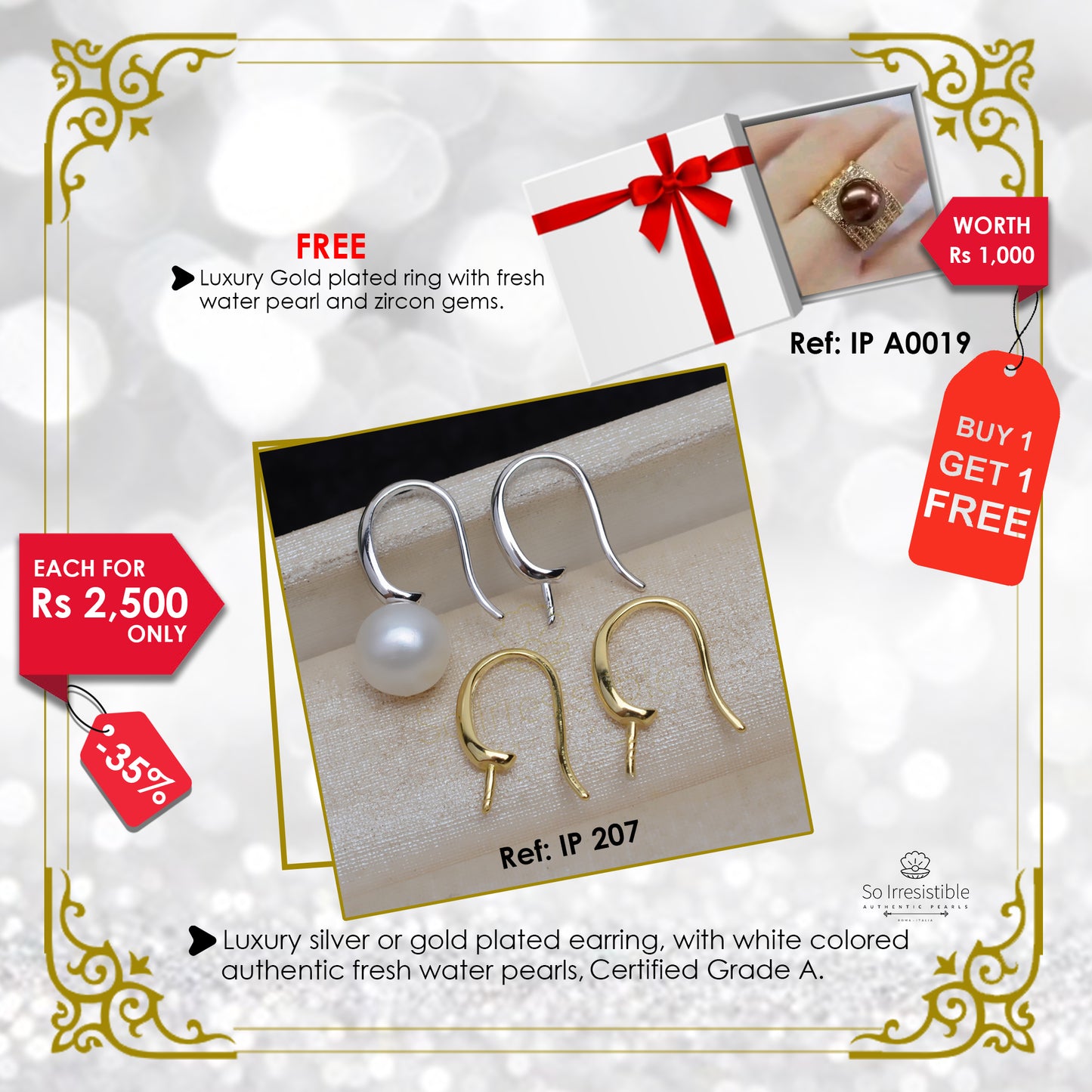 IP 207 - Luxury silver or gold plated hook earring