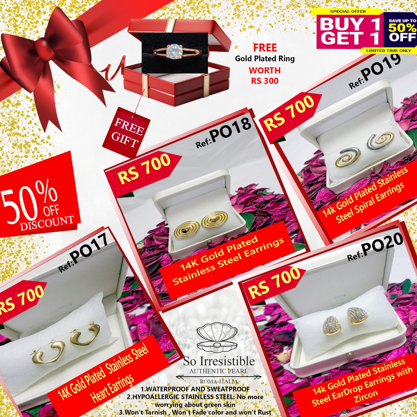 14k Gold Plated Stainless Steel Earring Collection - Modern Spiral & Heart Designs
